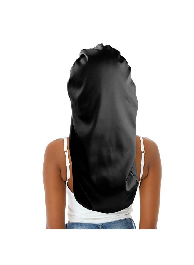 sent hair - Extra Long Bonnet Sleeping Cap With Elastic Band Single Layer Silky Satin Bonnet Night Sleep Cap For Women Braidsdreadlockslocscurlylong Hair (Black) - Image 1