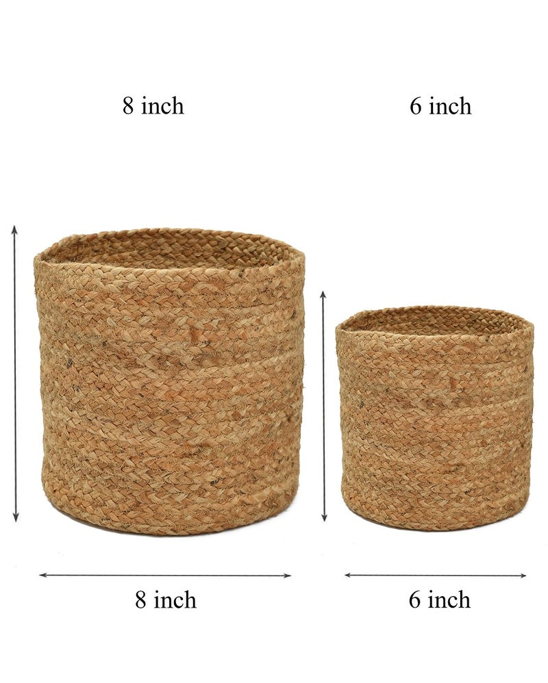 LaVichitra Braided Jute Baskets | Storage Bins Organizer | Laundry, Toys & Planter Basket- Set of 2 (6, 8 Inch), Round, Beige - Image 2