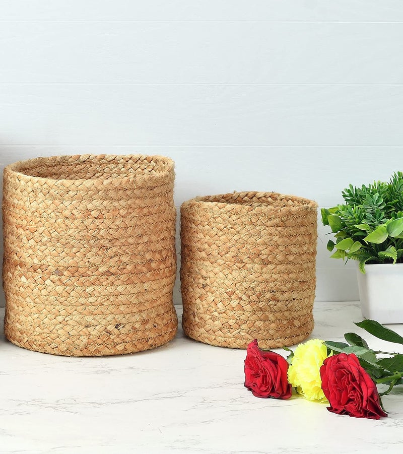 LaVichitra Braided Jute Baskets | Storage Bins Organizer | Laundry, Toys & Planter Basket- Set of 2 (6, 8 Inch), Round, Beige - Image 1