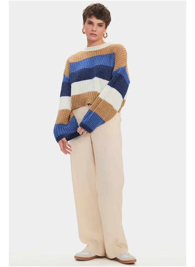 جون June Women Crew Neck Balloon Sleeve Color Block Knitwear Sweater Tan - Blue