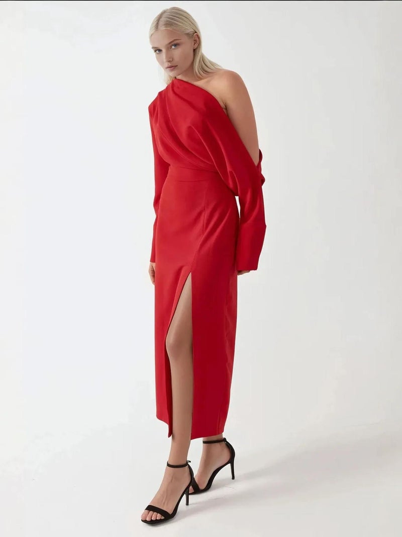 HICCUP Asymmetrical Collar Bodycon Midi Dress with Slit - Image 4