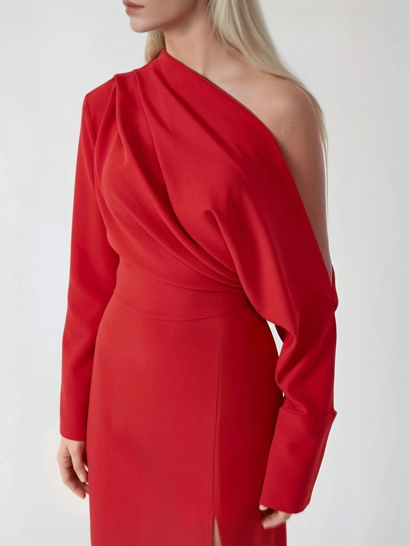 HICCUP Asymmetrical Collar Bodycon Midi Dress with Slit - Image 3
