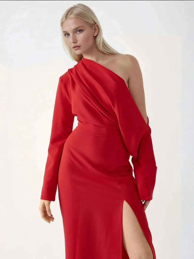 HICCUP Asymmetrical Collar Bodycon Midi Dress with Slit - Image 5