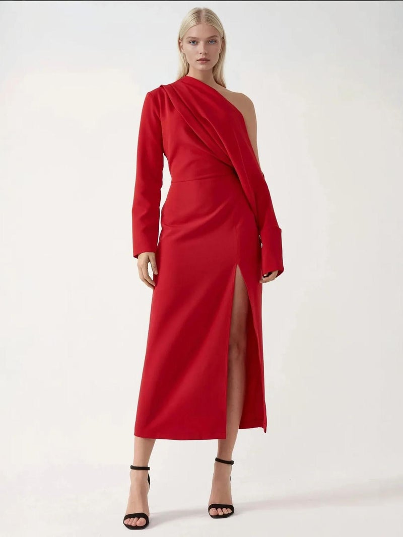 HICCUP Asymmetrical Collar Bodycon Midi Dress with Slit - Image 1