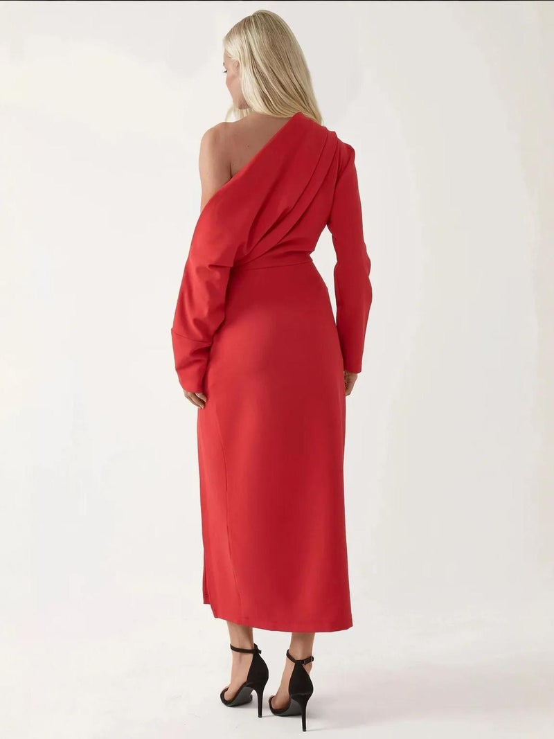 HICCUP Asymmetrical Collar Bodycon Midi Dress with Slit - Image 2