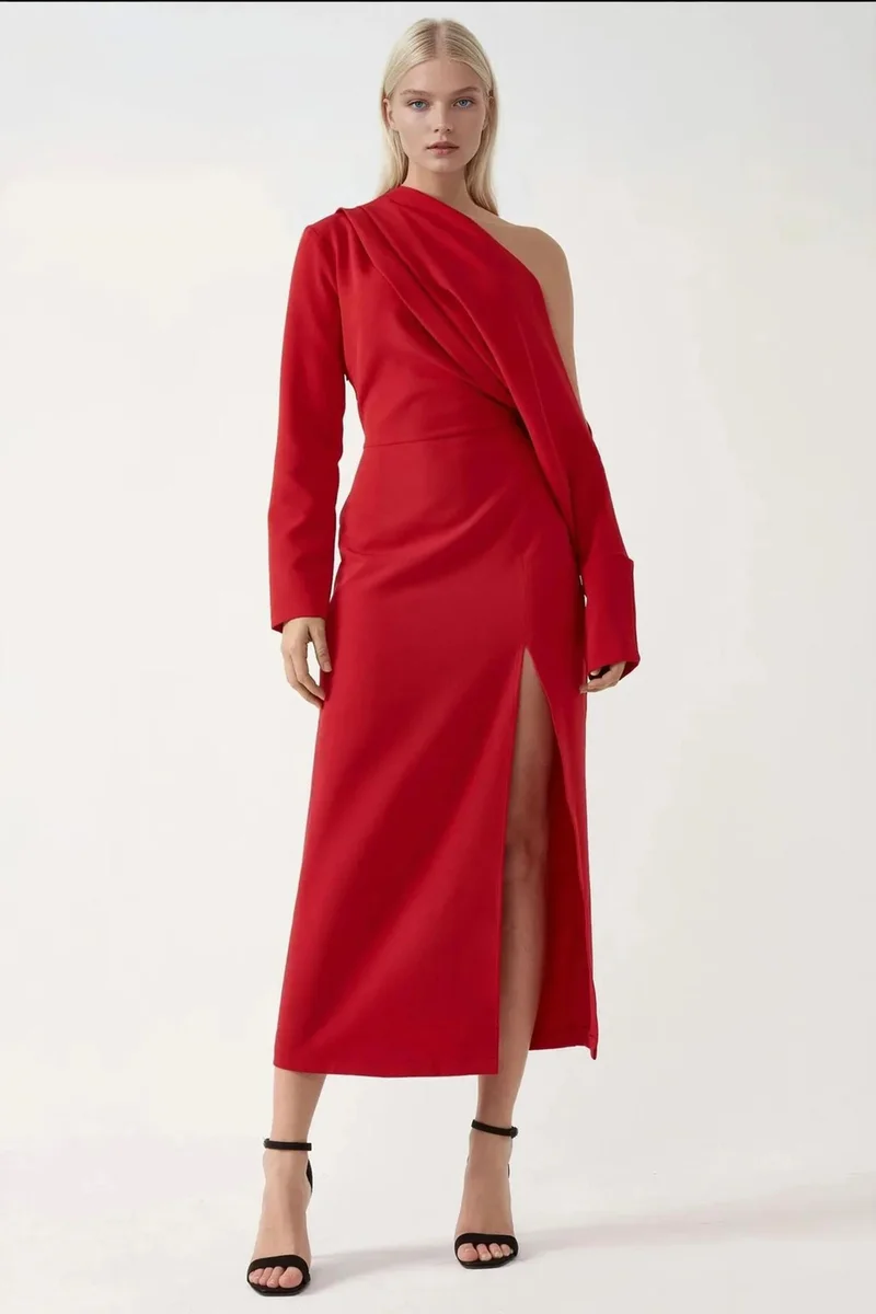 Hiccup Asymmetrical Collar Bodycon Midi Dress with Slit