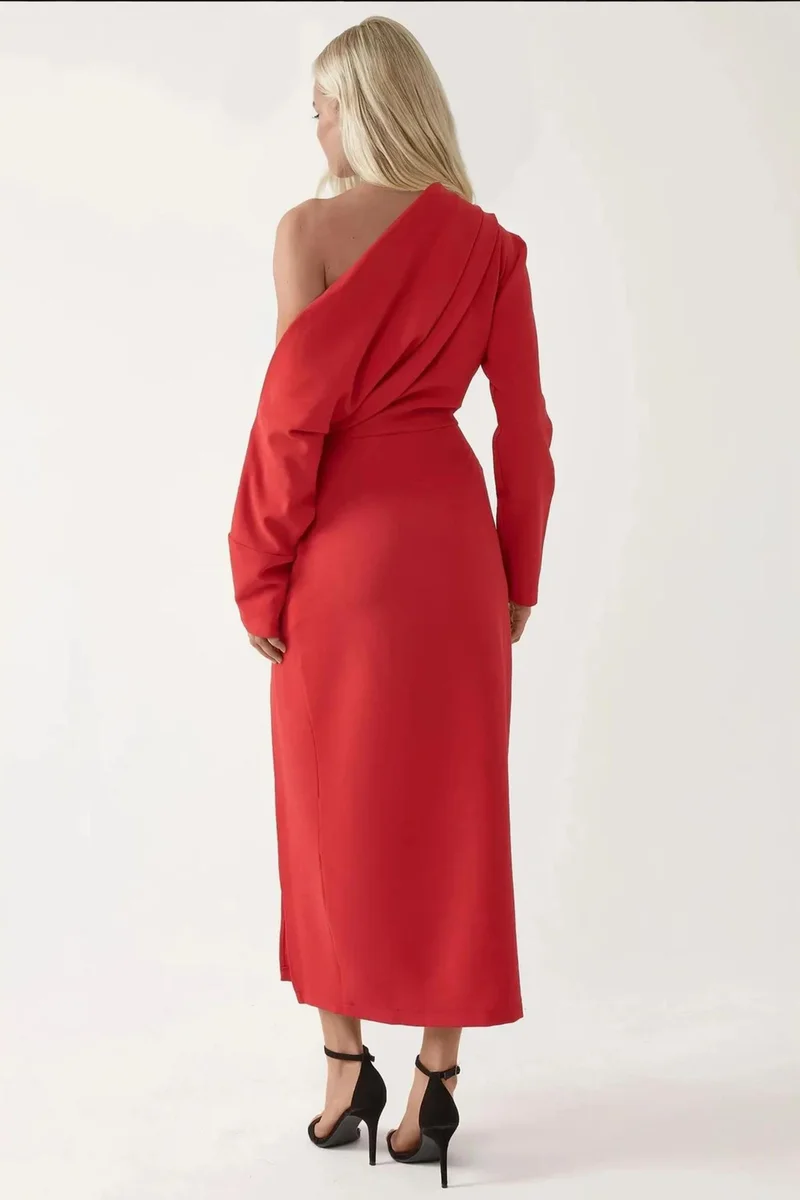 Hiccup Asymmetrical Collar Bodycon Midi Dress with Slit