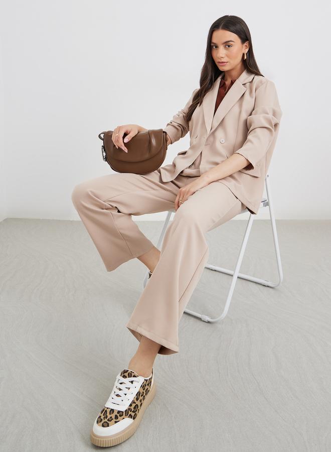 تايك تو طقم بليزر وبنطلون نسائي بيج سادة كاجوال - Image 1