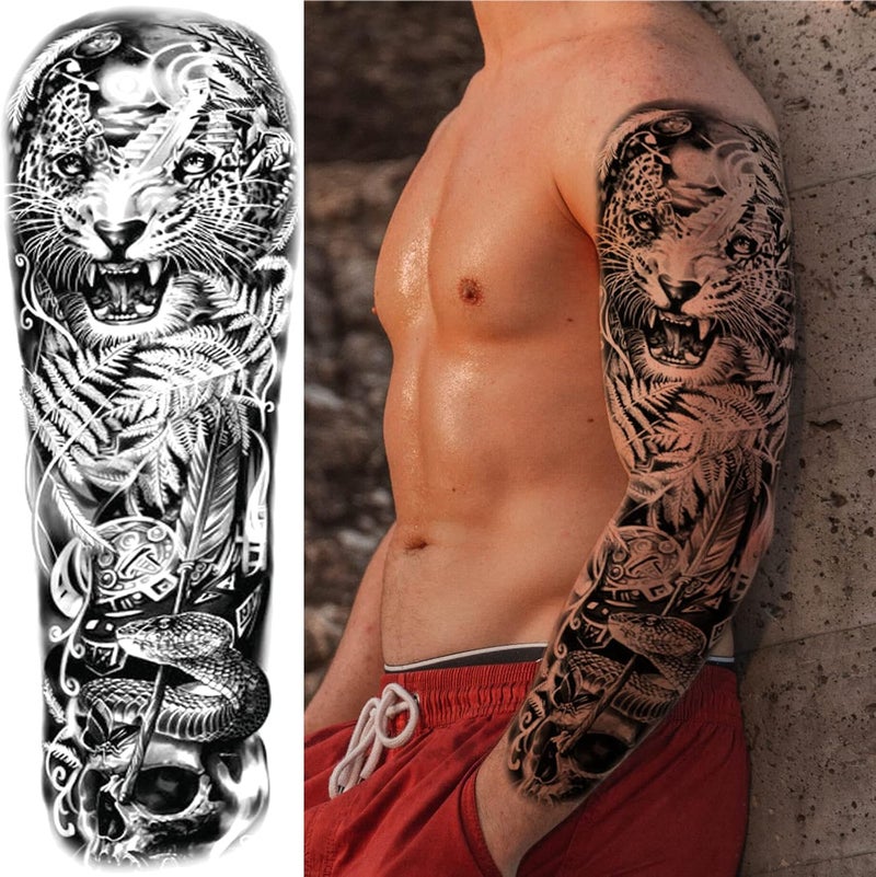Briyhose Salt mist resistant Forest Temporary Tattoo Sleeves, Full Arm Large Wolf Lion Animal Forest Tribal Fake Tattoos Sleeve For Men Women Adult, Black Leopard Tiger Temp Tatoo Sticker Leg Body Art Makeup, 6-Sheet Elegant appearance - Image 3
