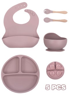 Super ZYouth 5-Pieces Silicone Baby Feeding Set, Baby Led Weaning Supplies with Suction Bowl and Divided Plate, Wooden Spoon and Fork, Toddler Tableware Set with Adjustable Soft Silicone Bib  - Image 1