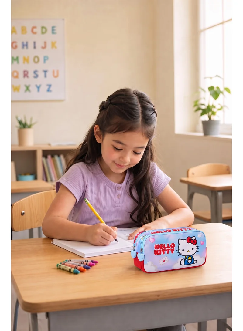 سانريو Sanrio Hello Kitty Regular Pencil Case – Grey and Blue Zip-Up School Stationery Pouch for Kids