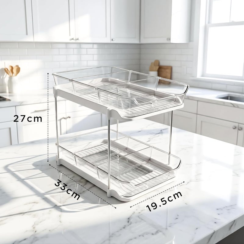 CLAPONE Bathroom Organizer Clear Under Sink Organizers Vanity Countertop Storage Container Cabinet Drawers Pull-Out Organization with Track for Pantry Kitchen (2 Tier With Compartment) - Image 2