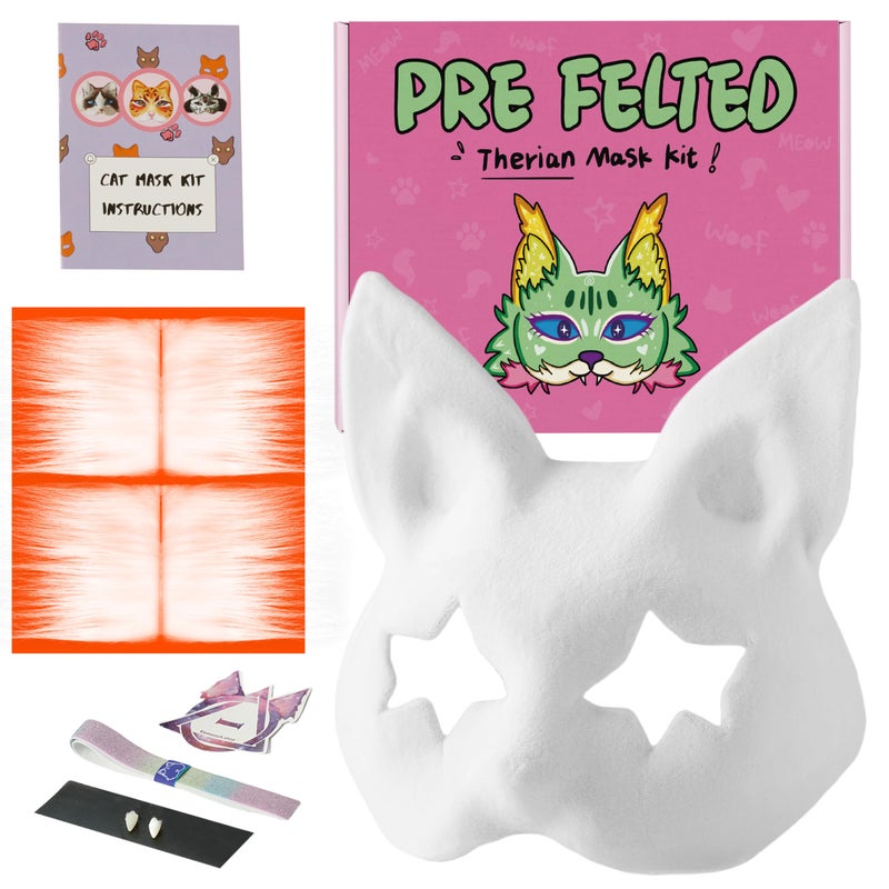 KemonoX Therian Cat Mask Kit with Star Eyes - White Fleeced Cat Mask Base with Faux Fur, Eye Mesh and Cat Like Fuzzy Fabric - Felted for You, Skip the Messy Work - Image 1