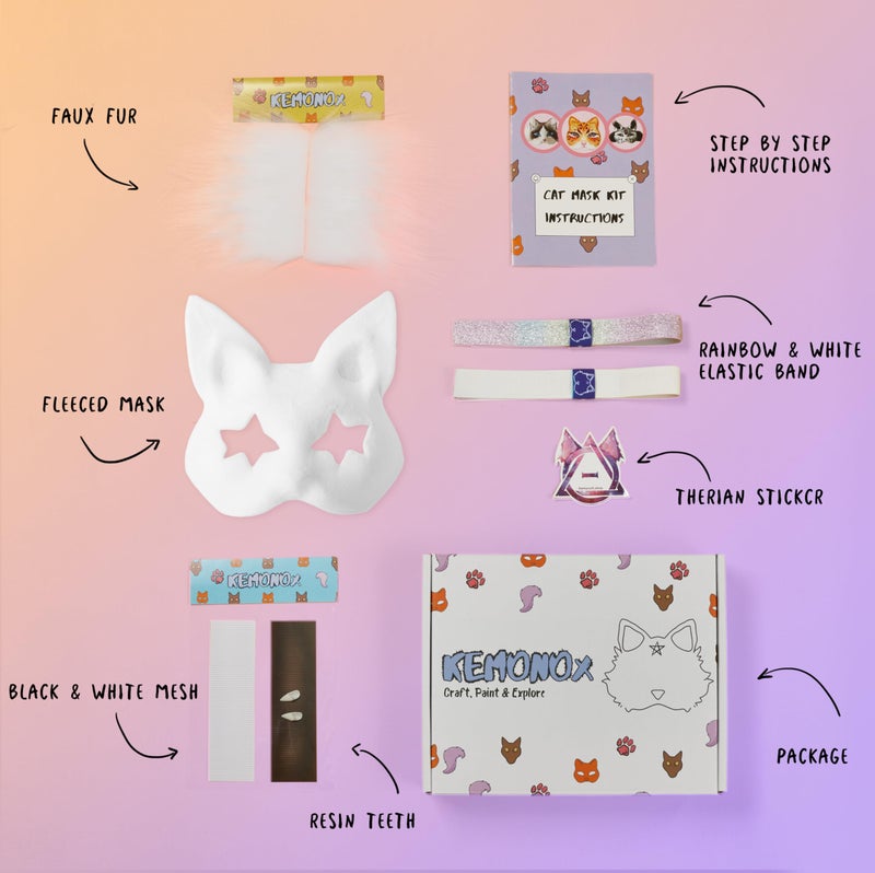 KemonoX Therian Cat Mask Kit with Star Eyes - White Fleeced Cat Mask Base with Faux Fur, Eye Mesh and Cat Like Fuzzy Fabric - Felted for You, Skip the Messy Work - Image 2