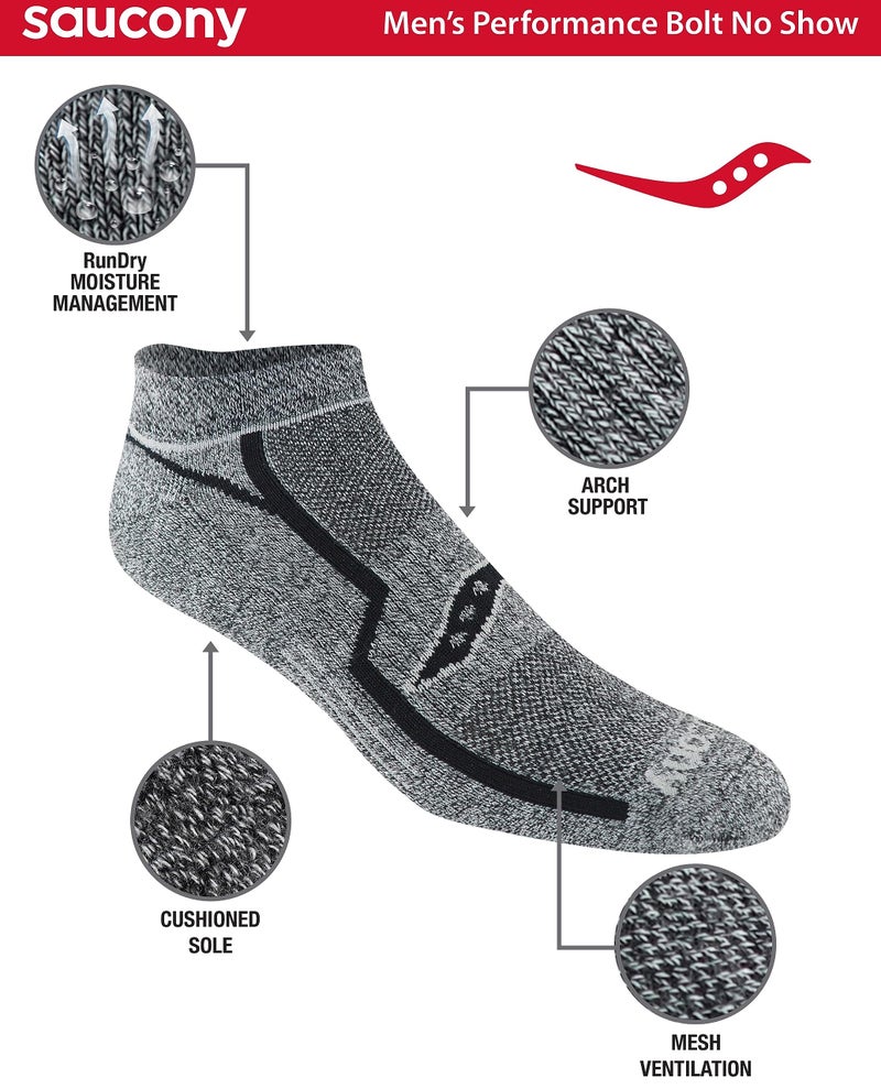 Saucony Men's Multi-Pack Bolt Performance Comfort Fit No-Show Socks, Grey Black (6 Pairs), Shoe Size: 8-12 - Image 2