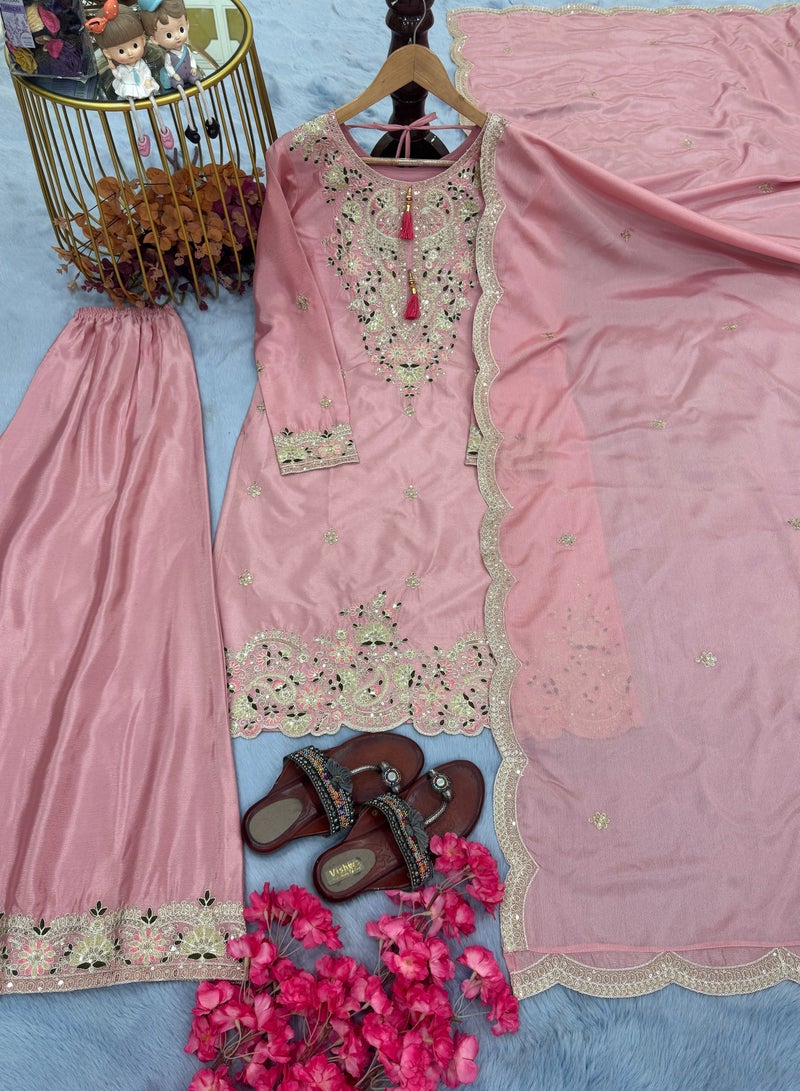 PREMIUM DESIGNER READYMADE PINK DRESS TOP PLAZZO AND DUPATTA COLLECTIONS  - Image 5