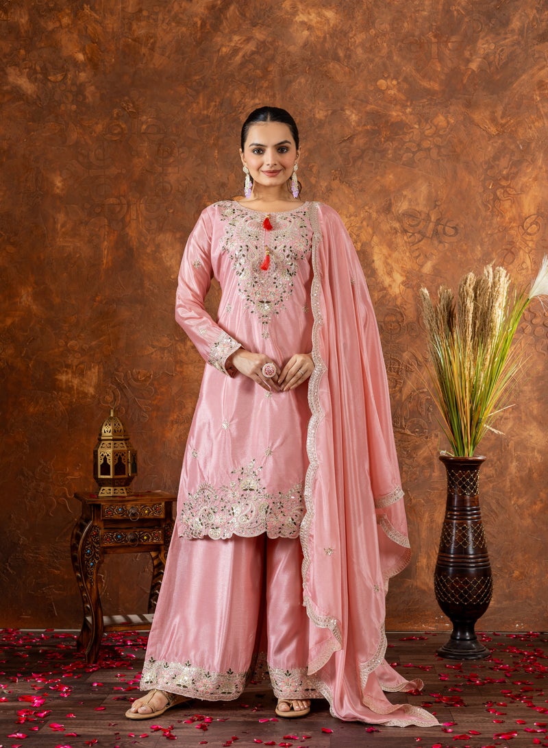 PREMIUM DESIGNER READYMADE PINK DRESS TOP PLAZZO AND DUPATTA COLLECTIONS  - Image 1