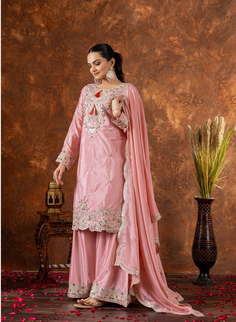 PREMIUM DESIGNER READYMADE PINK DRESS TOP PLAZZO AND DUPATTA COLLECTIONS  - Image 2