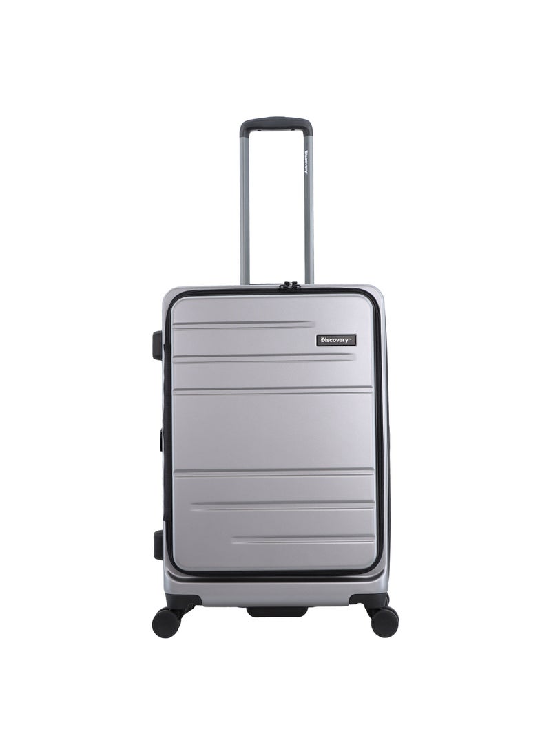 Discovery Discovery Patrol Hardside Check-In Medium Travel Suitcase, 100% PC Durable Ultra Lightweight Hard Shell Expandable Luggage, 4 Double Wheel, TSA Lock Trolley Bag Black (60 cm/24 Inch) Silver. - Image 1