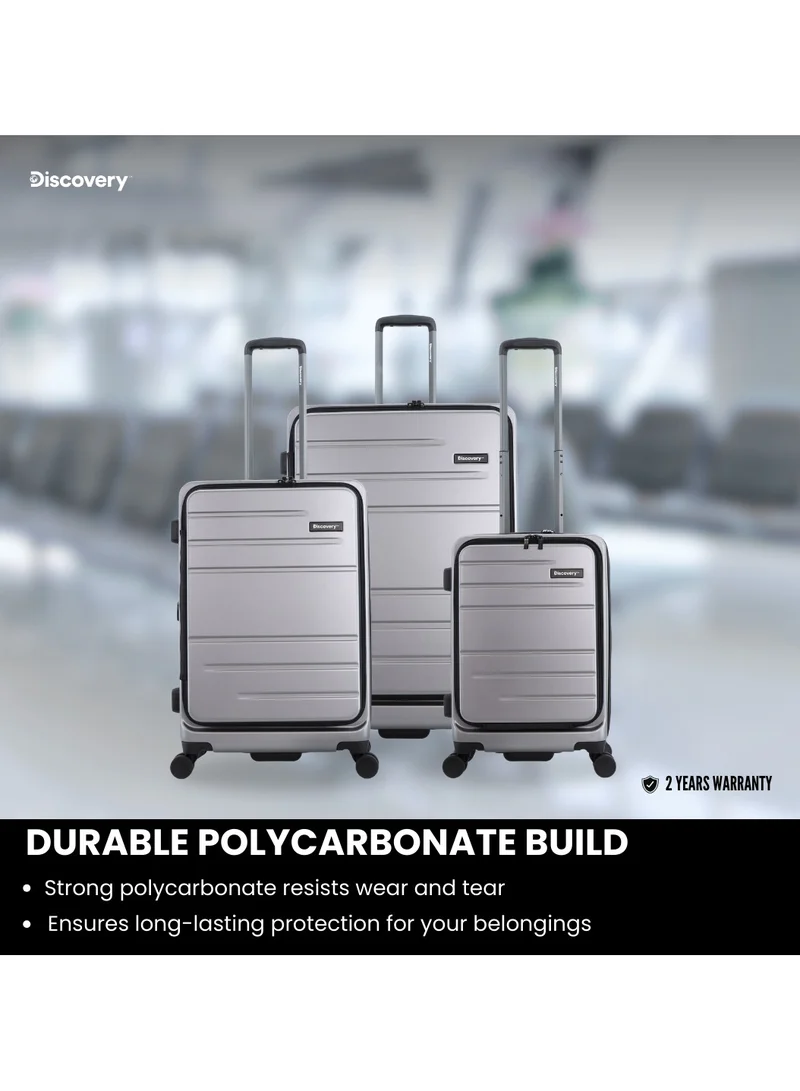 Discovery Discovery Patrol Hardside Check-In Medium Travel Suitcase, 100% PC Durable Ultra Lightweight Hard Shell Expandable Luggage, 4 Double Wheel, TSA Lock Trolley Bag Black (60 cm/24 Inch) Silver.