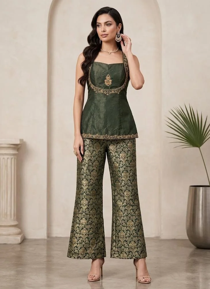 Viny Viny Women's Embroidered Peplum Top & Brocade Palazzo Set – Sleeveless Embellished Top with Printed Wide-Leg Pants – Ramadan & Eid – Green – Indian Ethnic Wear