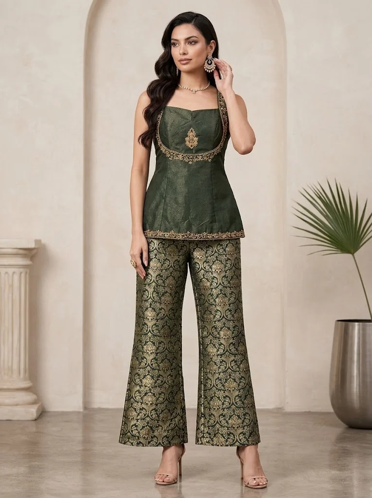 Viny Women's Embroidered Peplum Top & Brocade Palazzo Set – Sleeveless Embellished Top with Printed Wide-Leg Pants – Ramadan & Eid – Green – Indian Ethnic Wear