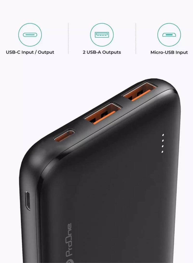 ProOne ProOne PPB5115 10000mAh Portable Power Bank, 22.5W Fast Charging with USB-A & USB-C Ports, Slim Polymer Battery with Micro Input - Image 1