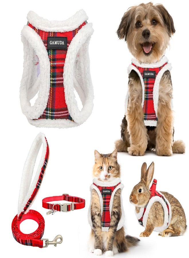 GAMUDA Small Dog Harness Collar and Leash Set, Step in No Chock No Pull Soft Mesh Adjustable Dog Vest Harnesses Plaid Reflective for Dogs Puppy Cats Kitten Rabbit (Warm Red, S) - Image 1