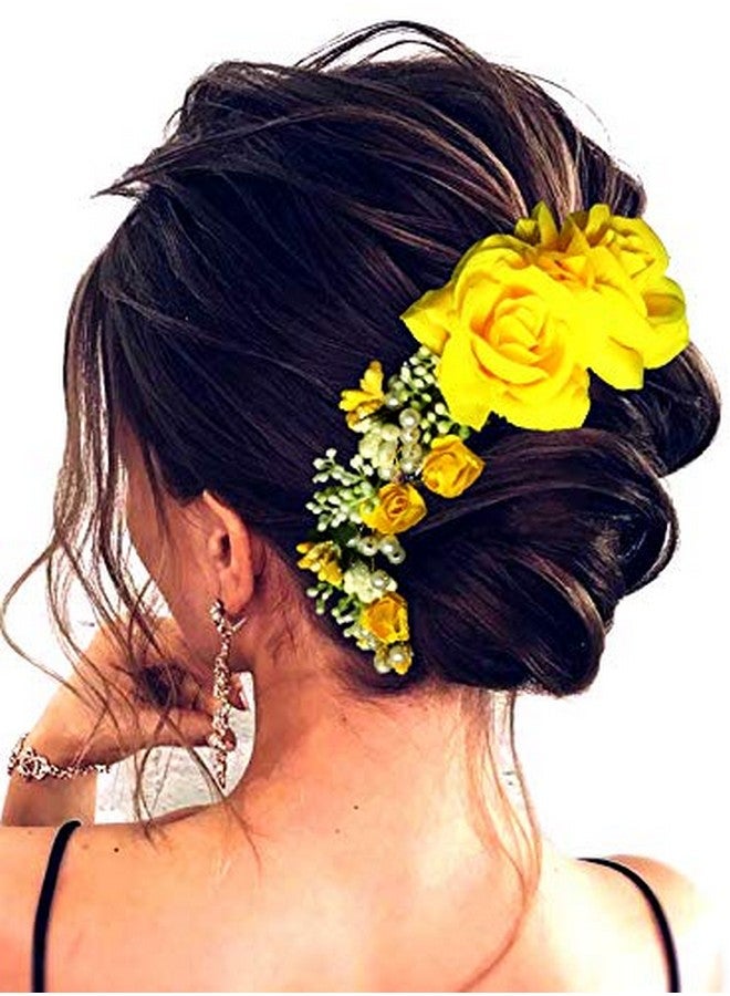 Hair Flare Women's Hair Vein, Rose and Pearl Gajra Style Hair Pin - Hair Bun Accessories For Girls, 2147 Yellow - Image 3