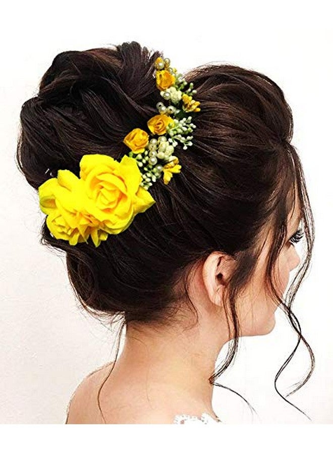 Hair Flare Women's Hair Vein, Rose and Pearl Gajra Style Hair Pin - Hair Bun Accessories For Girls, 2147 Yellow - Image 1