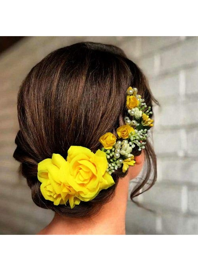 Hair Flare Women's Hair Vein, Rose and Pearl Gajra Style Hair Pin - Hair Bun Accessories For Girls, 2147 Yellow - Image 2