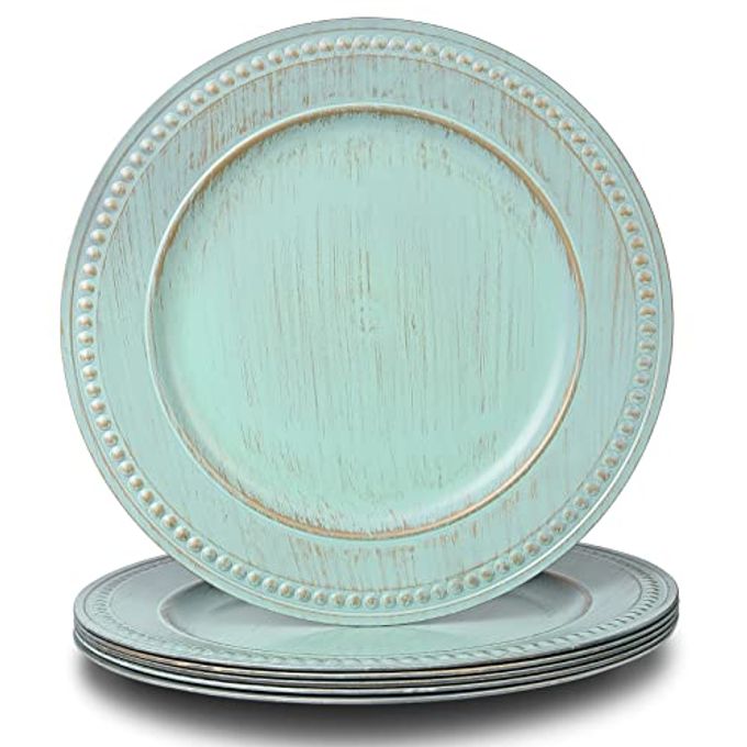 13" Vintage Charger Plates, Turquoise Beaded Chargers for Dinner Plates Set of 6, Reusable Decorative Charger Plate Set Bulk Wedding, Suitable for Easter, Anniversaries, Valentine's Day, Baby Shower