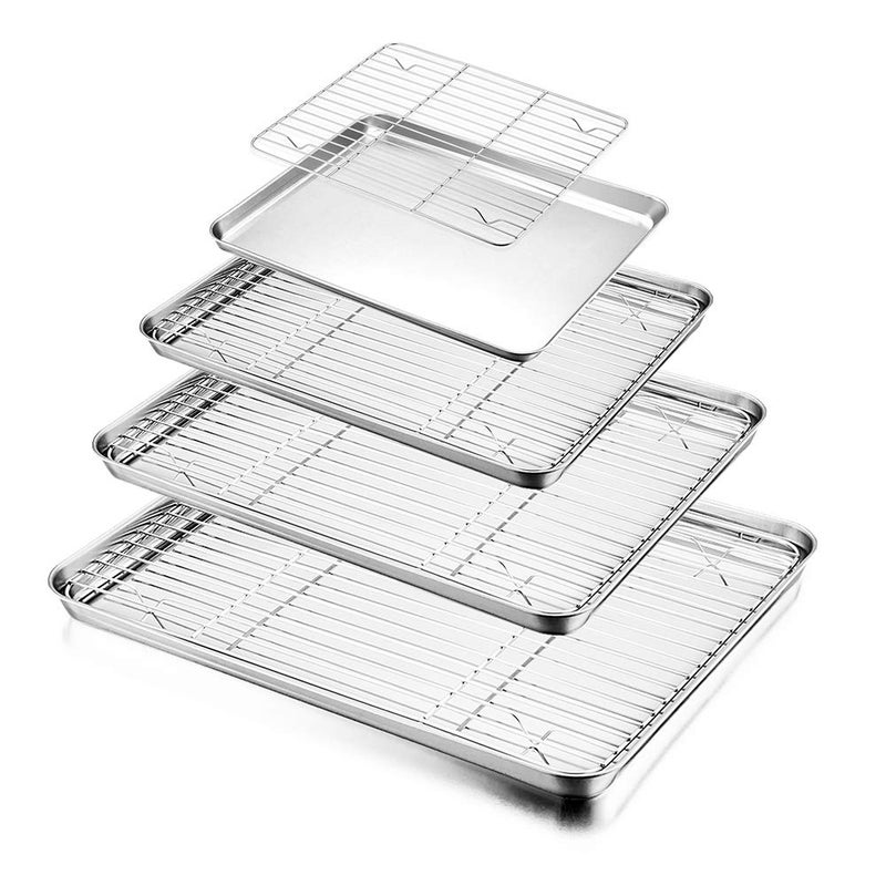 HaWare Baking Tray with Rack Set 4 Sheets  4 Racks 100 Stainless Steel Rimmed Cookie Sheet Pans Toaster Oven Tray with Cooling Rack Non Toxic  Healthy Rust Free  Dishwasher Safe  8 Pieces