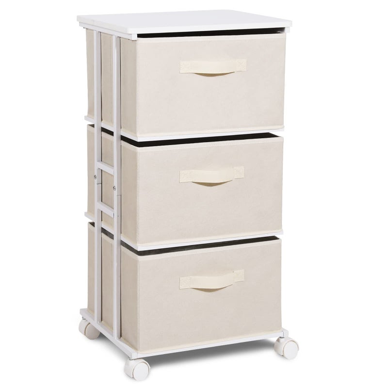 MAX Houser Dresser Tower with 3 Drawers for Bedroom Fabric Storage Organizer Unit Chest of Drawers with with WoodTop Small Vertical Storage for Guest Room Closet Entryway NurseryBeige