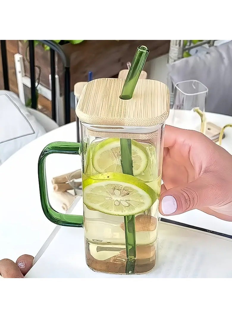 KITCHENOO - 450ml Glass Mug with Handle, Straw and Bamboo Lid, for Hot and Cold Drinks - Image 1