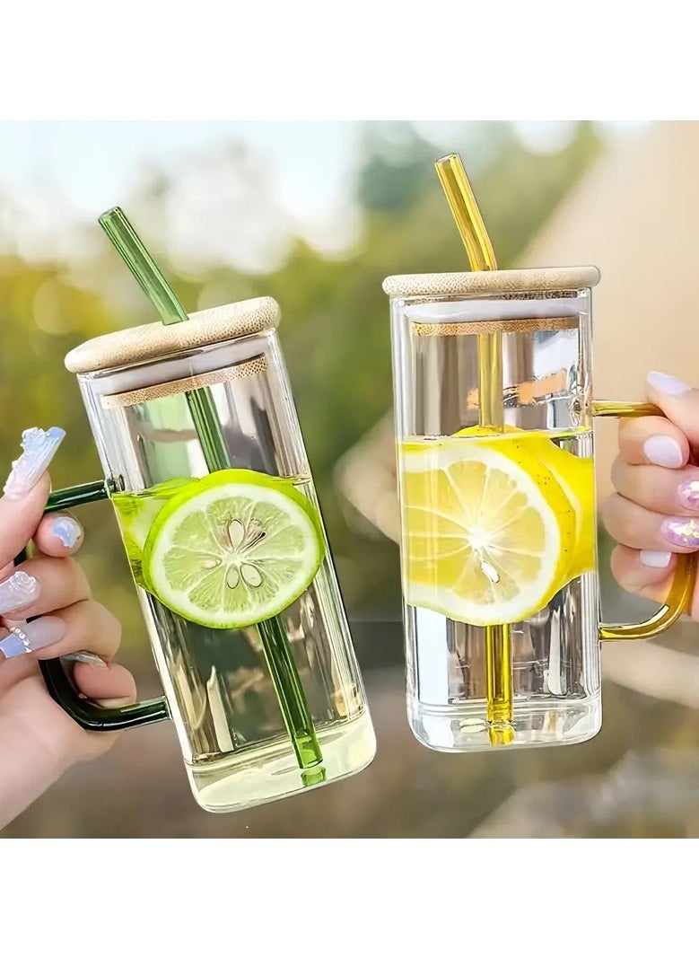 KITCHENOO - 450ml Glass Mug with Handle, Straw and Bamboo Lid, for Hot and Cold Drinks - Image 1