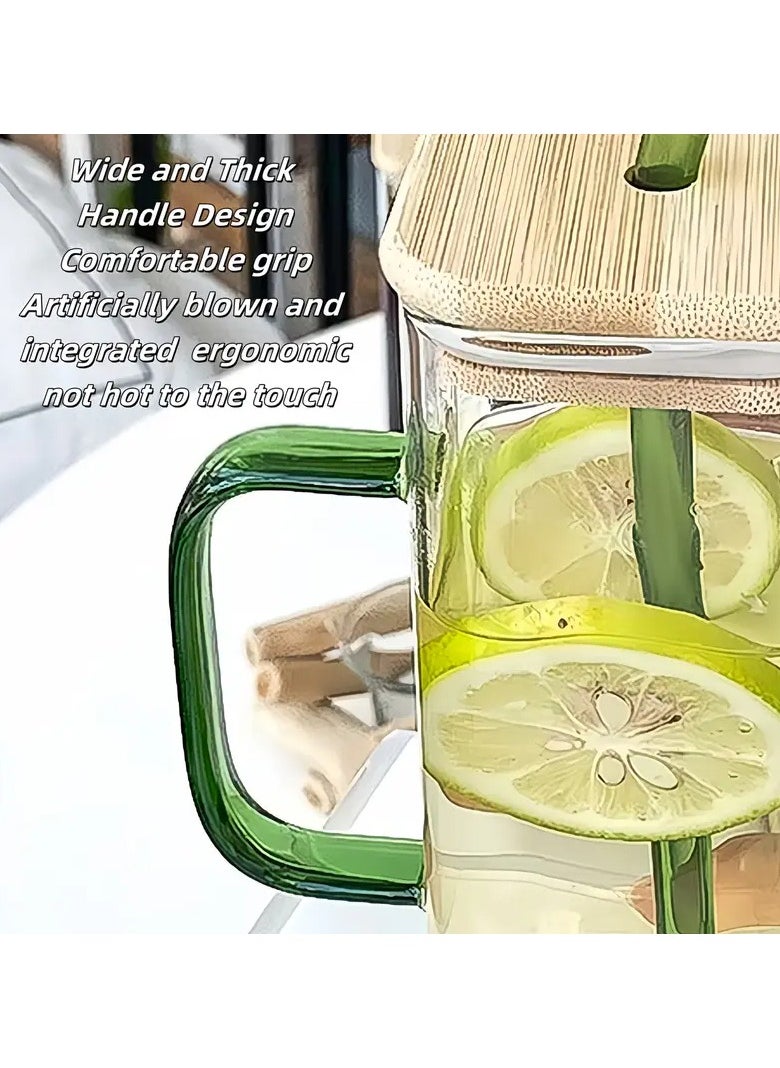 KITCHENOO - 450ml Glass Mug with Handle, Straw and Bamboo Lid, for Hot and Cold Drinks - Image 1