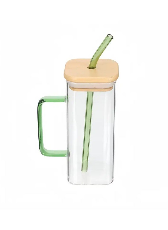 KITCHENOO - 450ml Glass Mug with Handle, Straw and Bamboo Lid, for Hot and Cold Drinks - Image 1