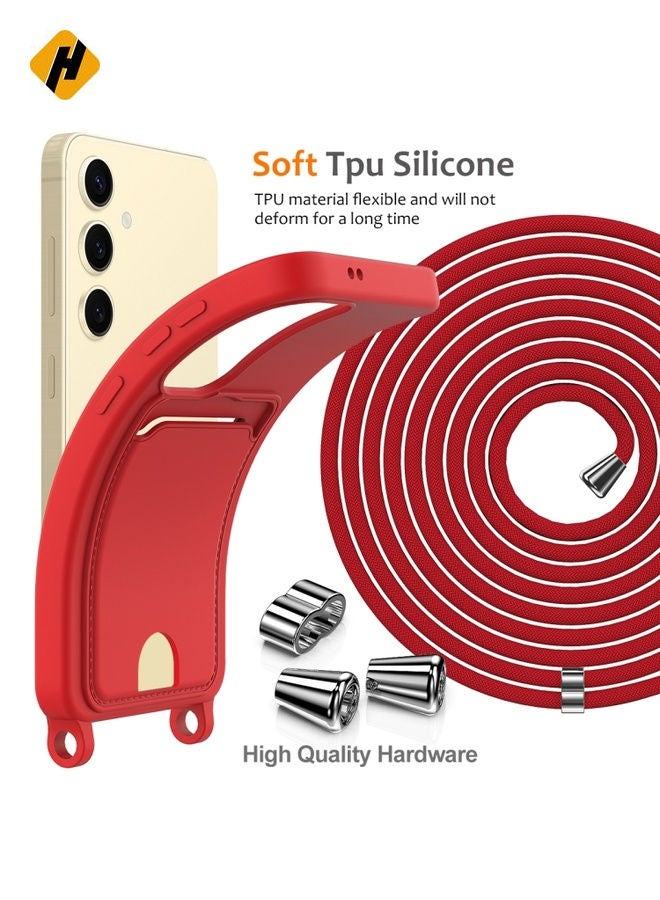 Protective Case Cover For Samsung Galaxy S25 5G Integrated Card Bag Solid Color Liquid Silicone Phone Case with Lanyard (Red)