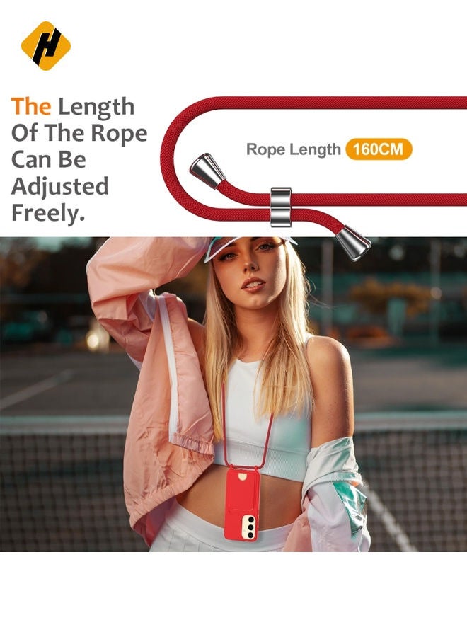 Protective Case Cover For Samsung Galaxy S25 5G Integrated Card Bag Solid Color Liquid Silicone Phone Case with Lanyard (Red)
