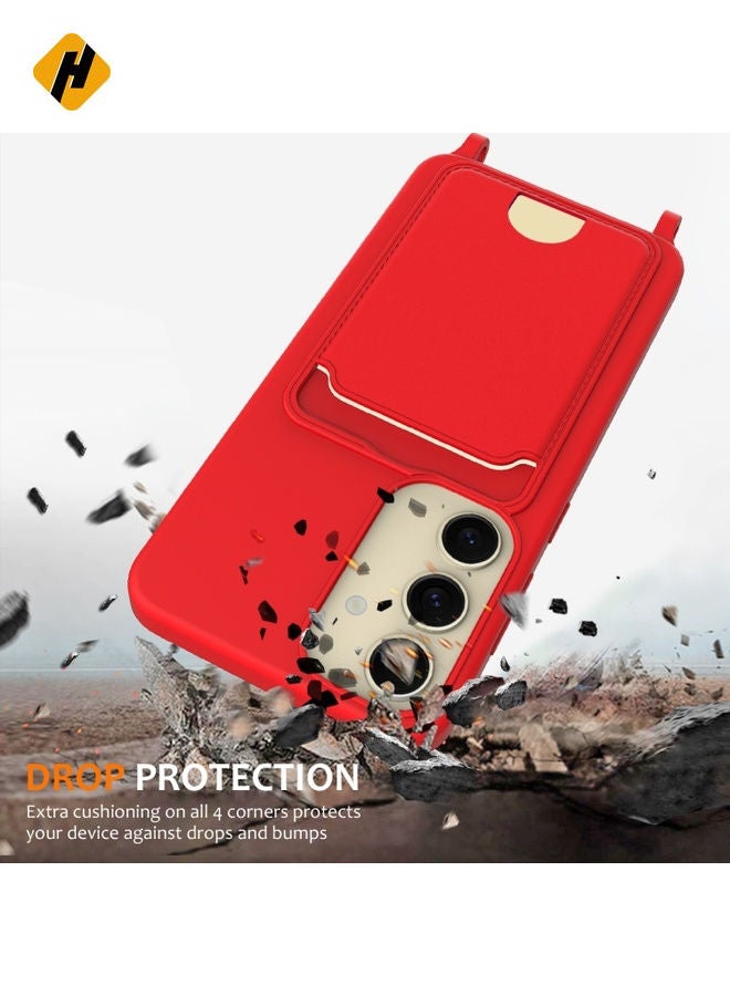 Protective Case Cover For Samsung Galaxy S25 5G Integrated Card Bag Solid Color Liquid Silicone Phone Case with Lanyard (Red)