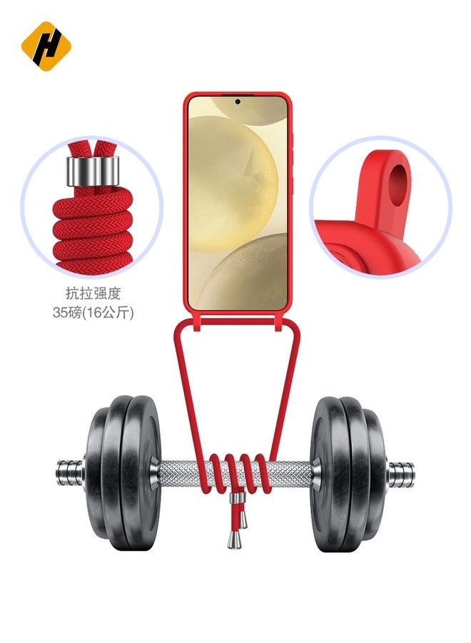 Protective Case Cover For Samsung Galaxy S25 5G Integrated Card Bag Solid Color Liquid Silicone Phone Case with Lanyard (Red)