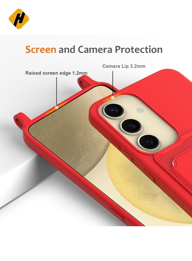 Protective Case Cover For Samsung Galaxy S25 5G Integrated Card Bag Solid Color Liquid Silicone Phone Case with Lanyard (Red)