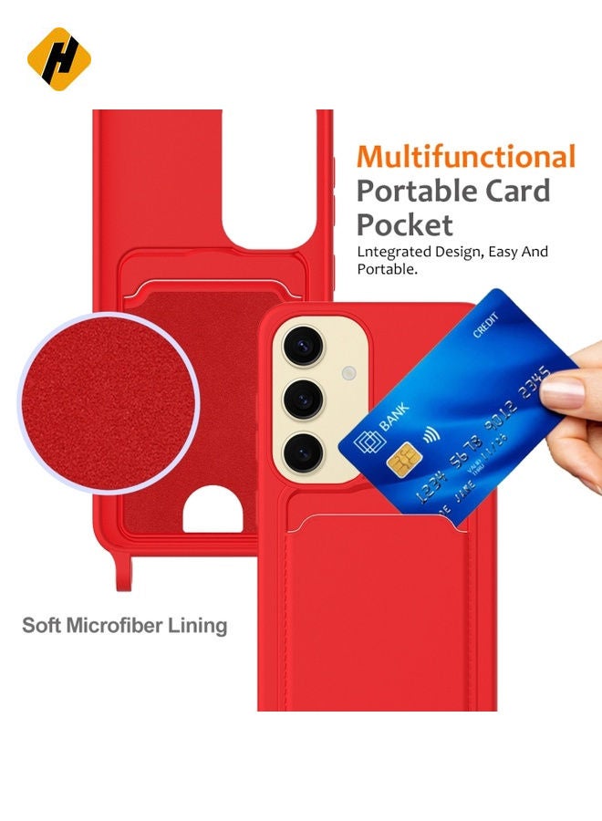 Protective Case Cover For Samsung Galaxy S25 5G Integrated Card Bag Solid Color Liquid Silicone Phone Case with Lanyard (Red)