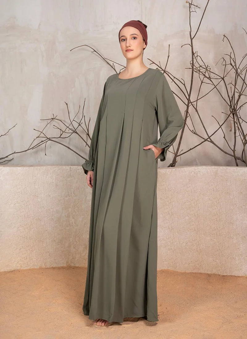ZERESOUQ Olive Crushed Fabric Abaya With Khimar