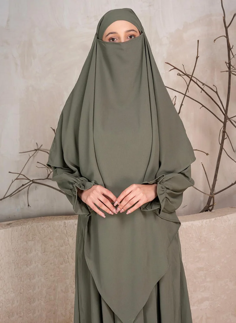 ZERESOUQ Olive Crushed Fabric Abaya With Khimar