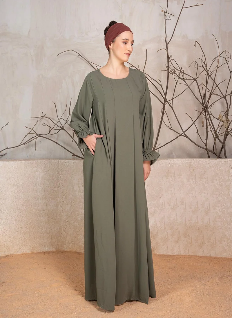 ZERESOUQ Olive Crushed Fabric Abaya With Khimar