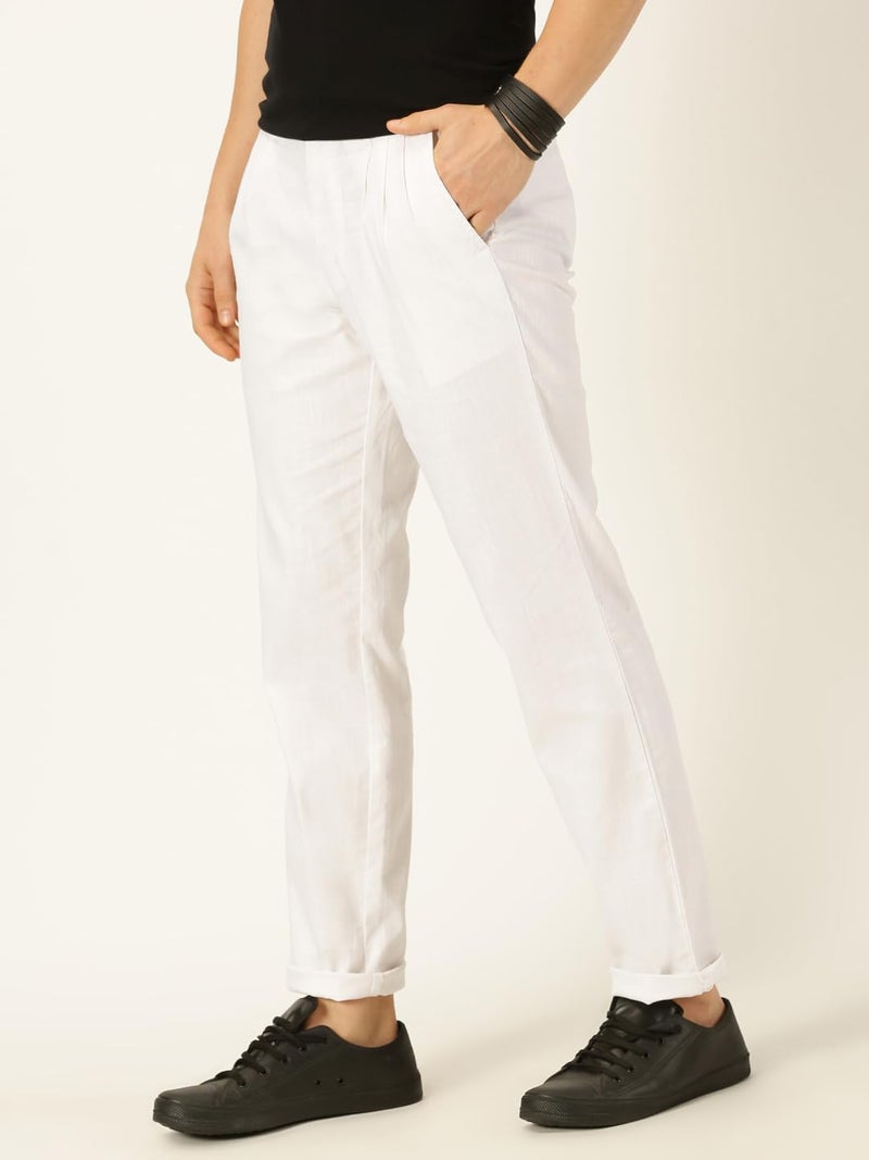 Thomas Scott Men White Pleated Cotton Linen Chinos Trousers (White, 40) - Image 2