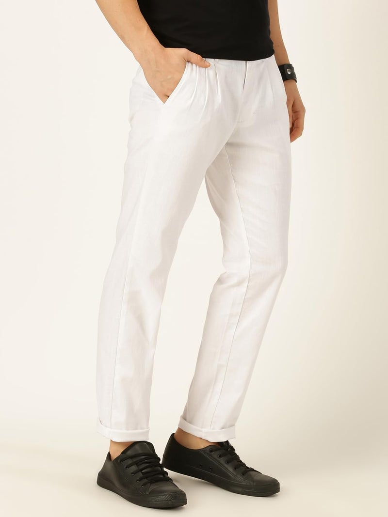 Thomas Scott Men White Pleated Cotton Linen Chinos Trousers (White, 40) - Image 3