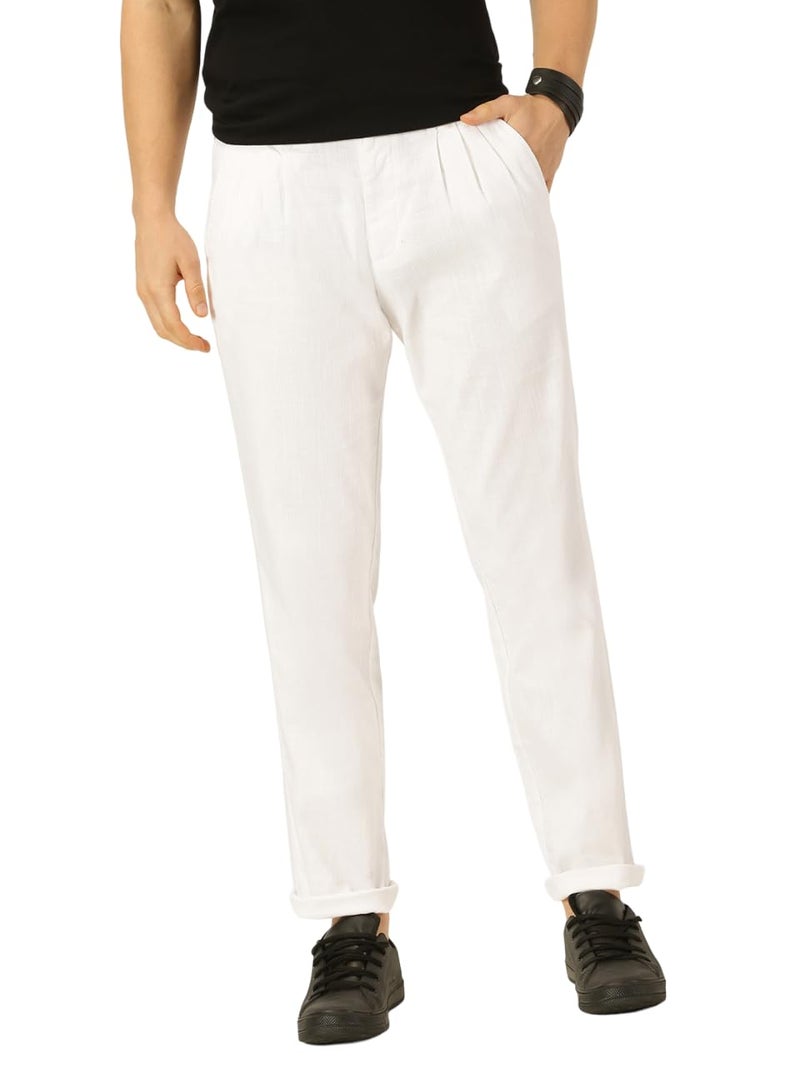 Thomas Scott Men White Pleated Cotton Linen Chinos Trousers (White, 40) - Image 1